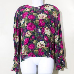 Vintage Floral Blouse pink rose green Long Sleeves